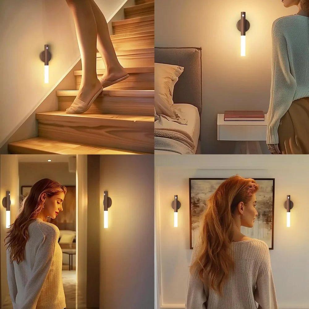 Rechargeable Motion Sensor Wall Sconce – Magnetic Wooden Night Light for Bedroom