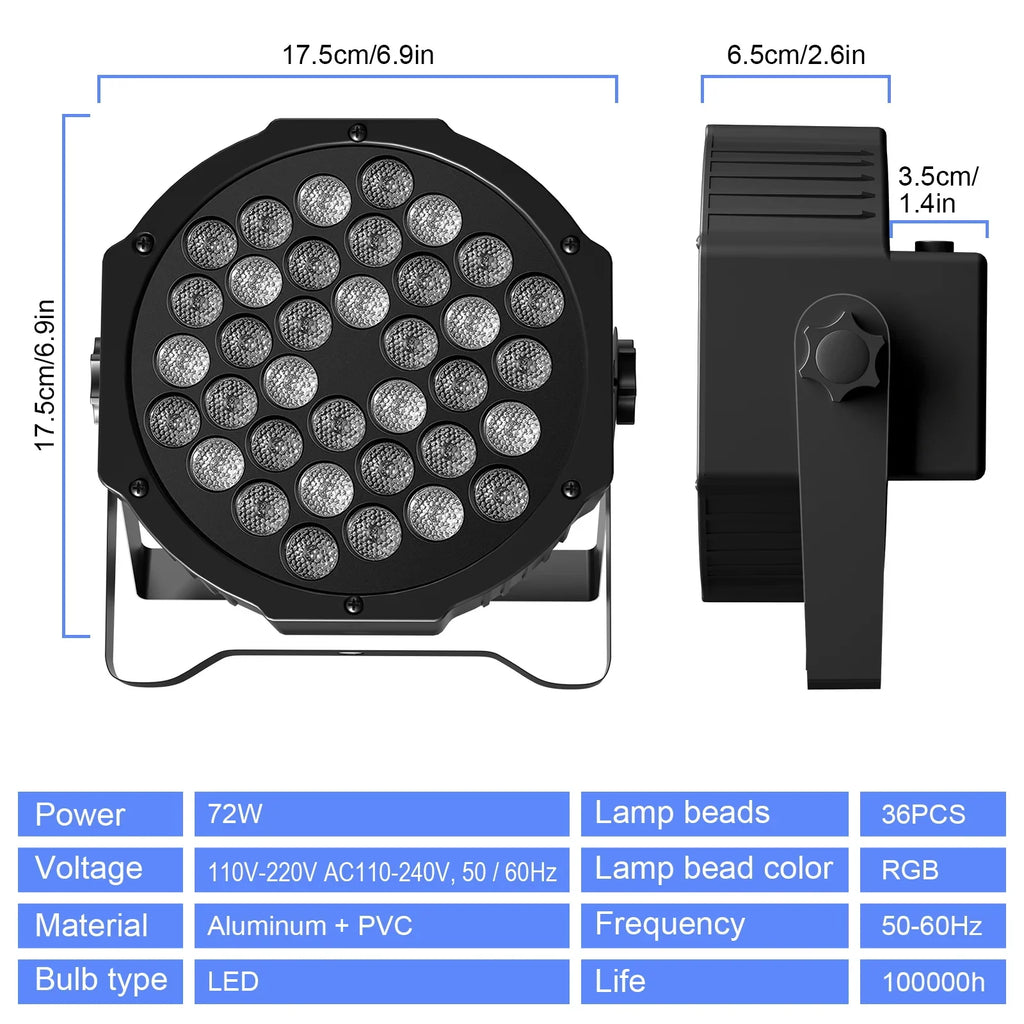 RGB Par Lights 36LED Stage Lighting – DMX512 Uplights for DJ, Party, Wedding Events