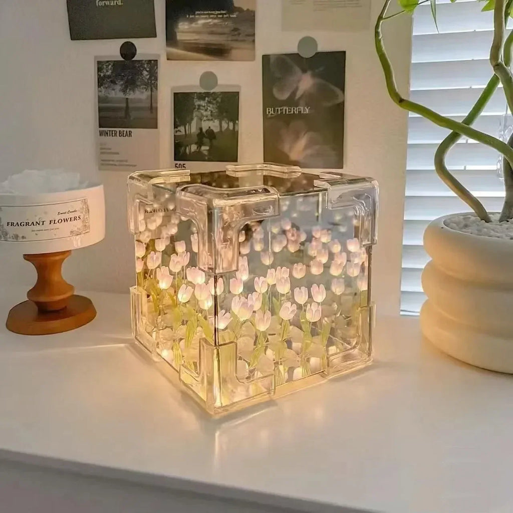 DIY Tulip Flower Night Light Kit Handmade Cube Lamp Aesthetic Room Decor Gift Set