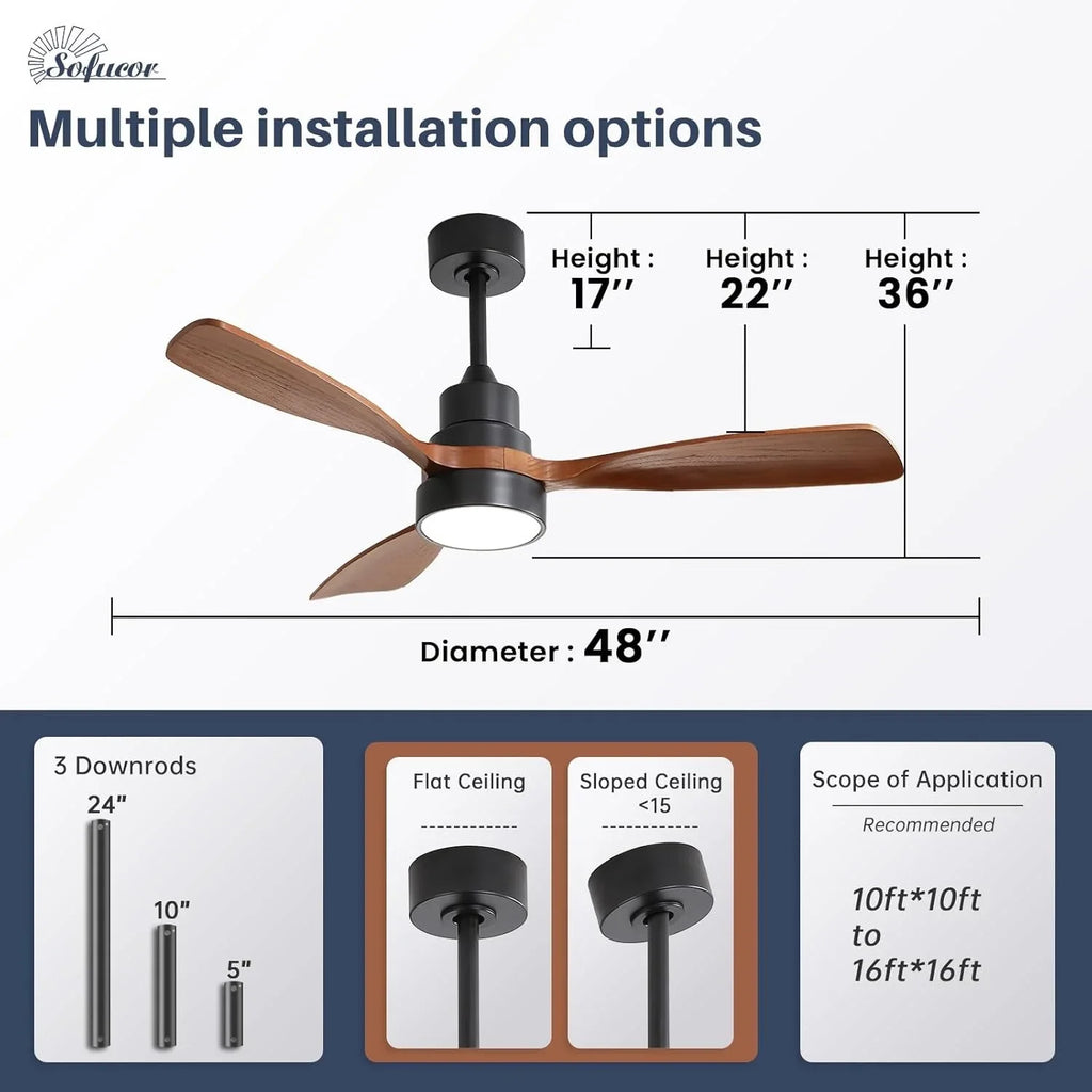 48 Inch Smart Wood Ceiling Fan with LED Light Remote 6-Speed DC