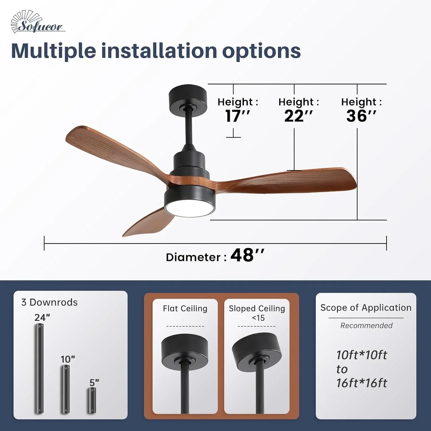 48 Inch Smart Wood Ceiling Fan with LED Light Remote 6-Speed DC