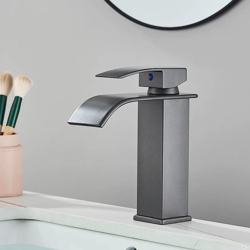 Black Waterfall Bathroom Faucet Basin Mixer Tap Single Hole Hot Cold Sink Tap