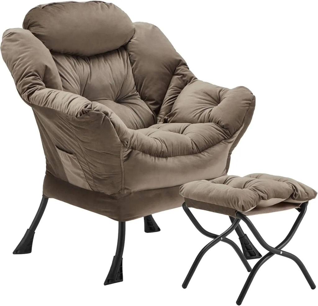 Velvet Lazy Chair with Folding Ottoman Accent Armchair Non-Slip Metal Frame