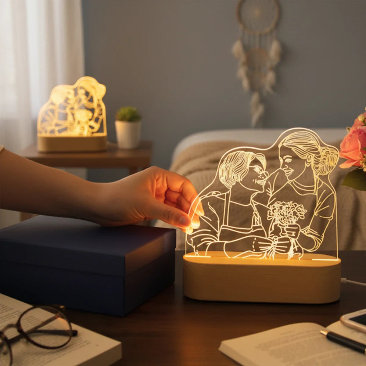 Custom 3D Photo Lamp LED Night Light Wooden Base Personalized Gift