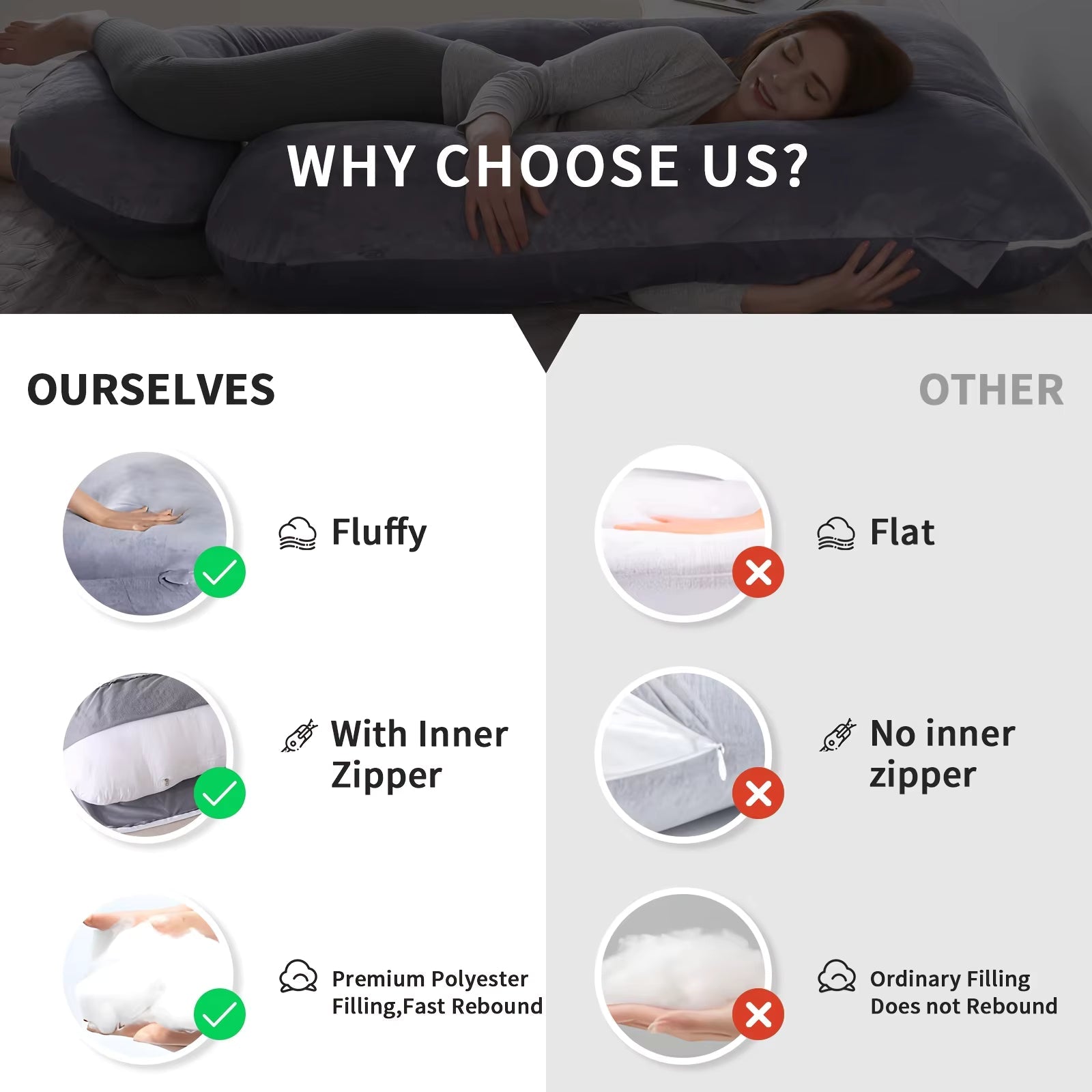 U-Shaped Full Body Pillow Side Sleeper Support Cushion 155cm Grey