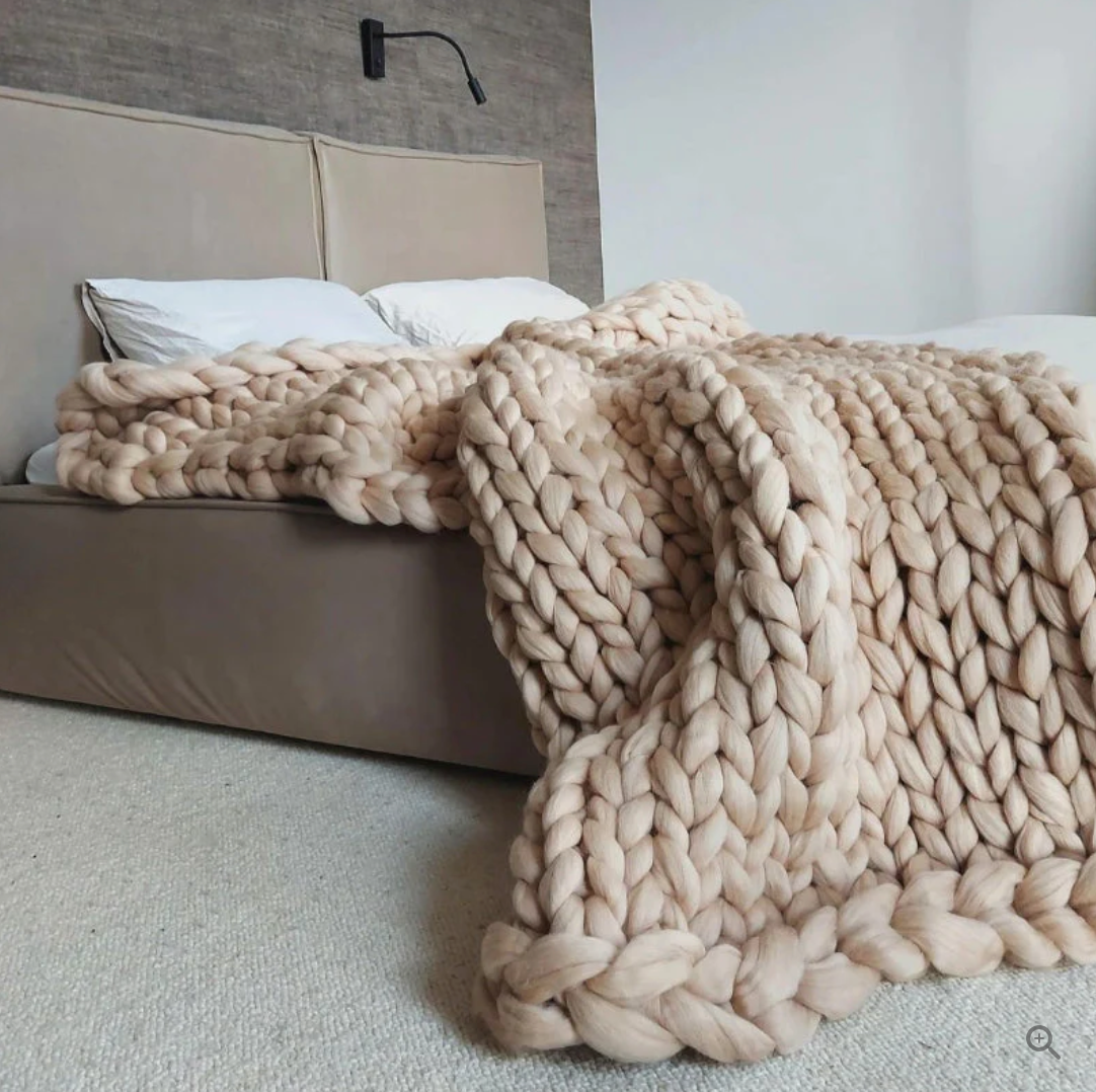 Hand Knitted Merino Wool Blanket Soft Chunky Throw All Season Cozy