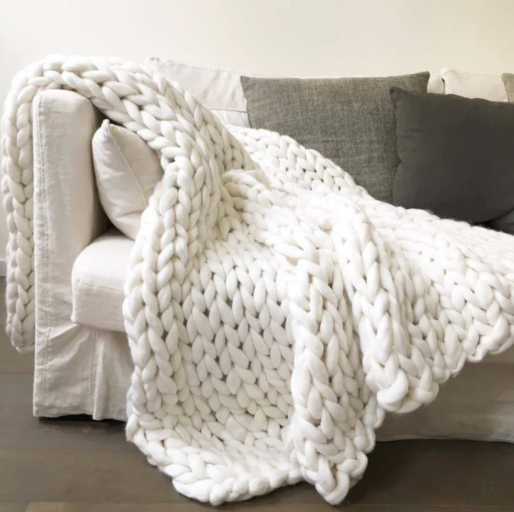 Hand Knitted Merino Wool Blanket Soft Chunky Throw All Season Cozy