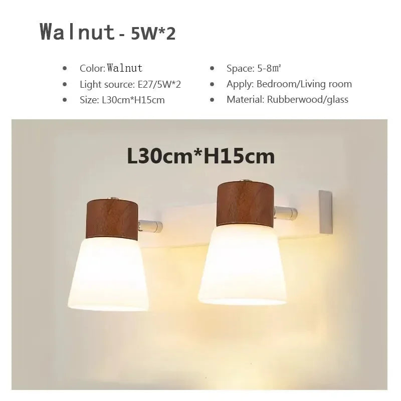 Minimalist Wooden Wall Lamp Double Head Glass Bedside Sconce Bedroom