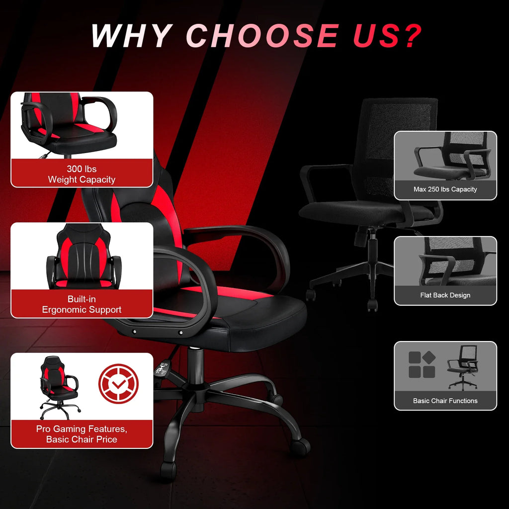 Ergonomic PU Leather Gaming Chair Swivel Adjustable Office Desk Chair Red
