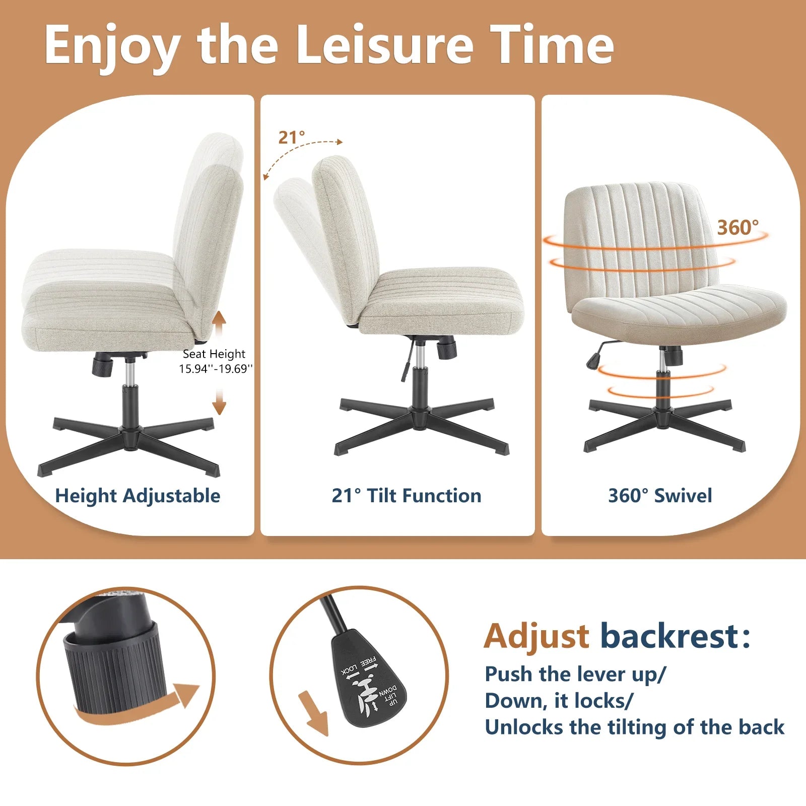 Cross Legged Office Chair Armless Wide Seat Swivel Fabric Desk Vanity Chair