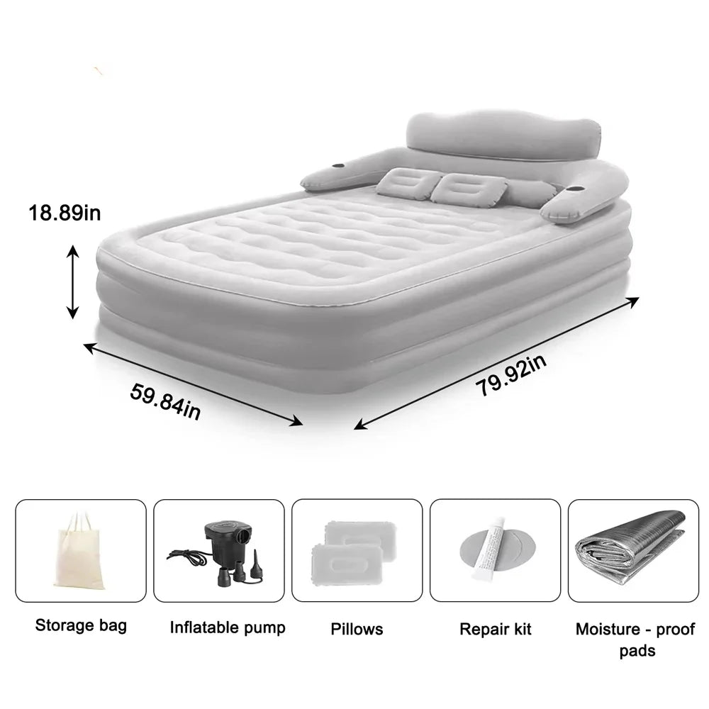 Gray 2-Person Inflatable Air Mattress 48cm High Folding Bed for Camping Home