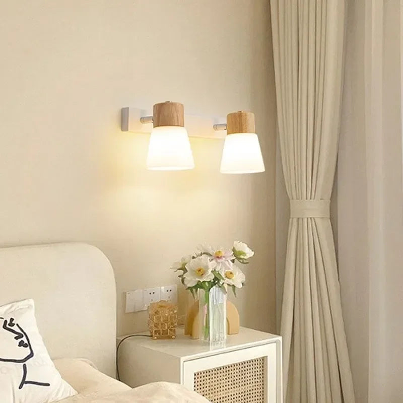 Minimalist Wooden Wall Lamp Double Head Glass Bedside Sconce Bedroom