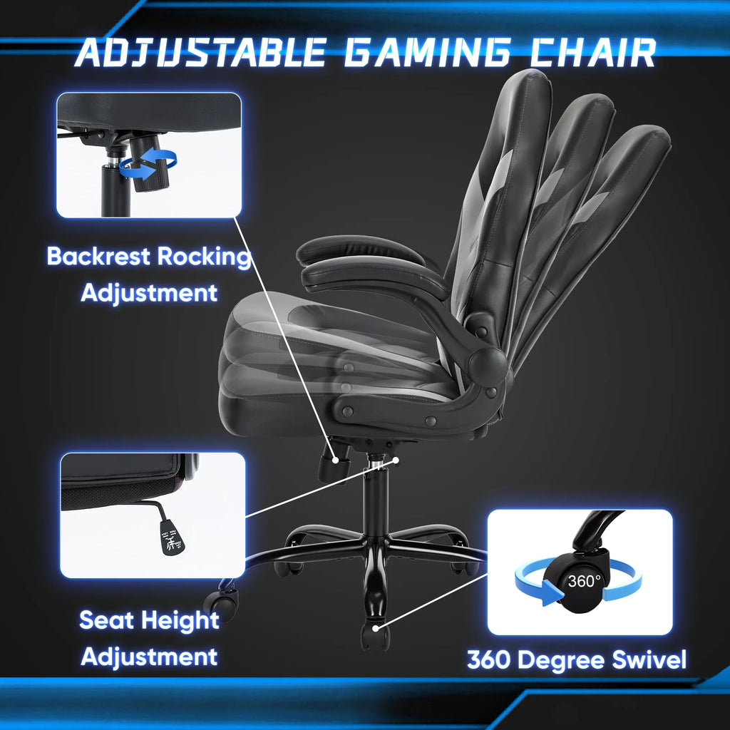 PU Leather Ergonomic Gaming Chair Flip-Up Armrests Adjustable Office Desk