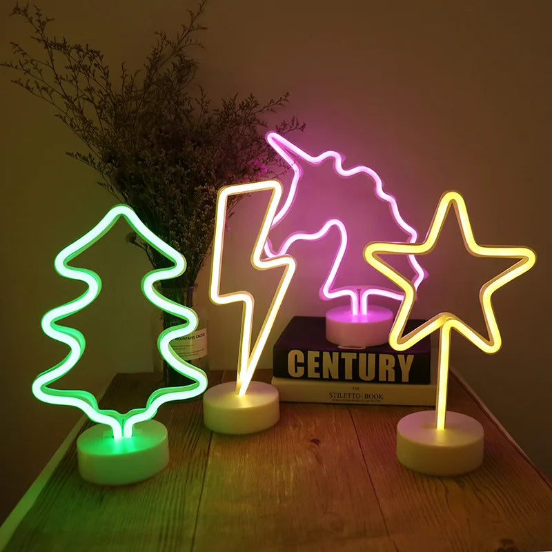 Neon Night Light USB Battery Table Lamp Flamingo Cactus Room Decor for Bedroom