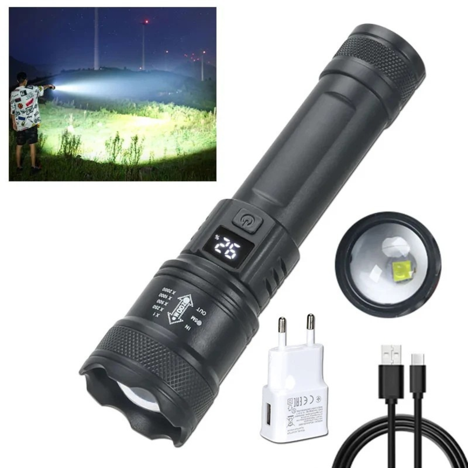 High Power LED Flashlight 2000LM Rechargeable Tactical Torch Zoom Camping