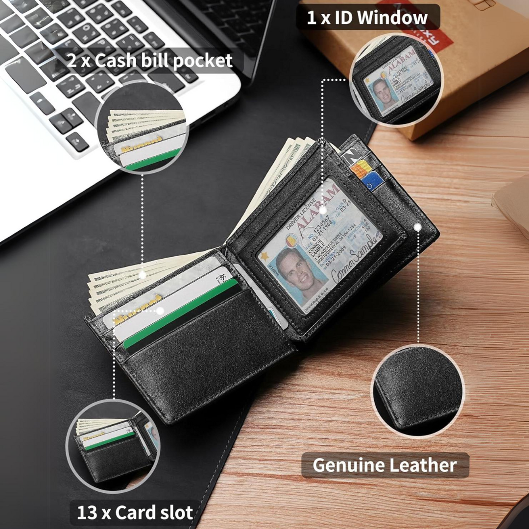 Men’s Genuine Leather RFID Blocking Bifold Wallet 13 Card Slots