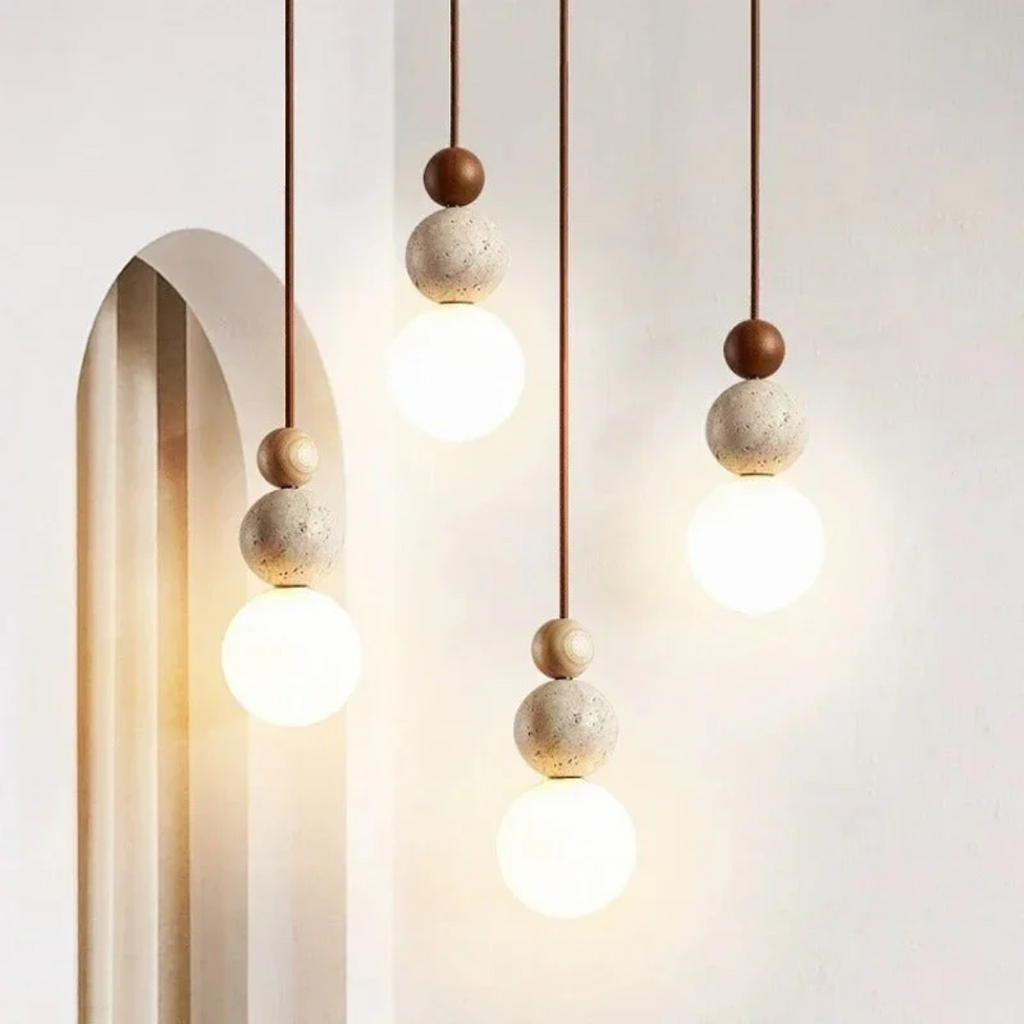 Travertine Wood Pendant Light G9 Modern Natural Ceiling Lamp 23cm
