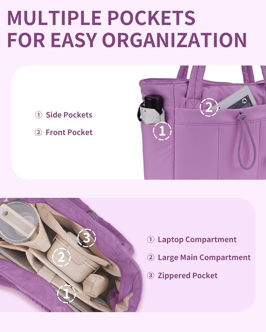Quilted Puffer Tote Bag with Laptop Sleeve & Cup Holder 20L Travel Work